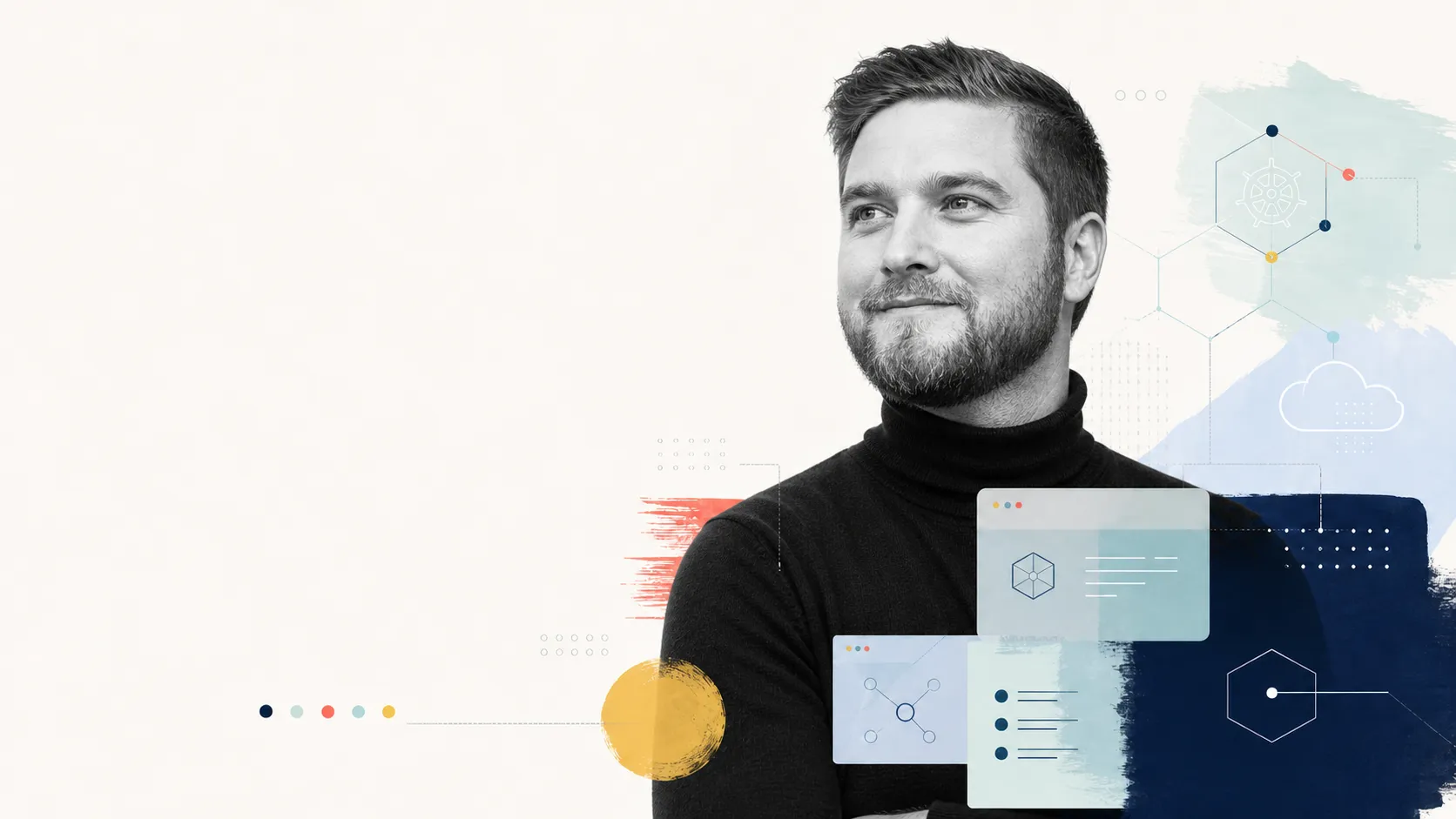 Svartvit hero-illustration av Linus Frank med mjuka penseldrag och diskreta Kubernetes-detaljer